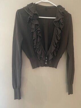 Stile Benneton no size Ruffle Trim Cropped Cardigan button Dark Brown